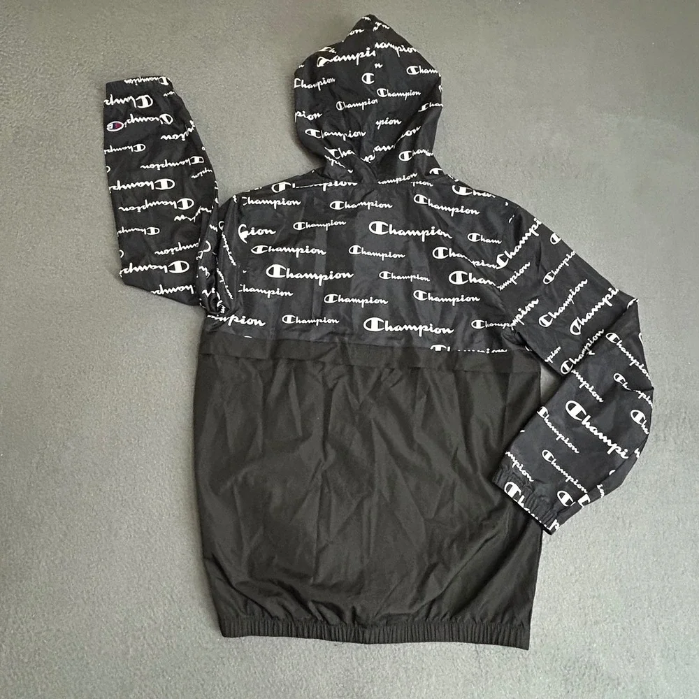 Champion Windbreaker Kids M Logo Print Full Zip Hooded Jacket Sporty Lightweight